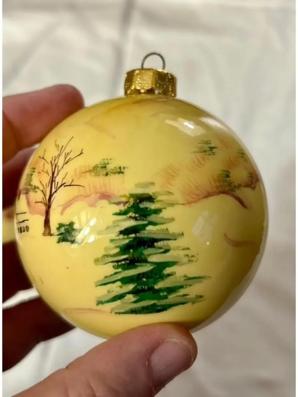 Vintage Hand-Painted Yellow Glass Christmas Ornaments Set of 2